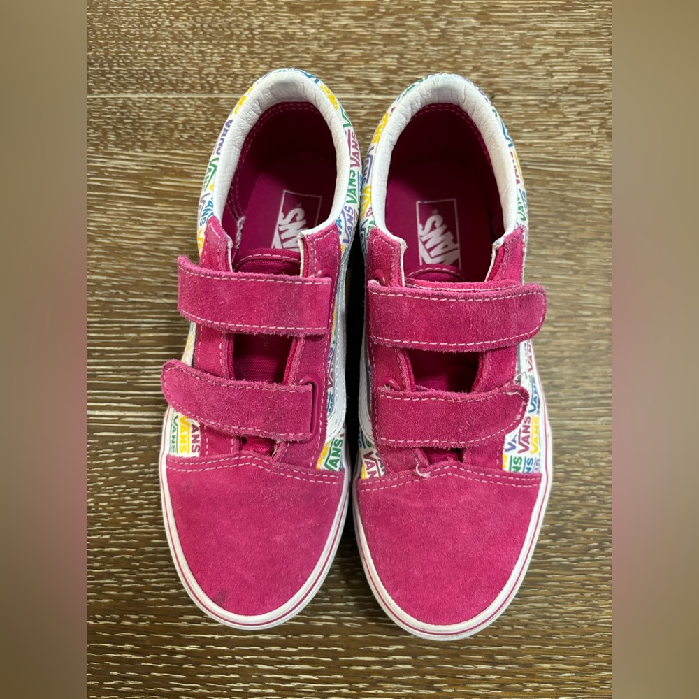 Girls Pink Suede Rainbow Vans size 3 Velcro Great Condition!